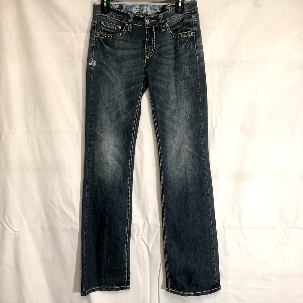 Adikto mid-rise bootcut jeans with silver beaded embellishments. Like new.
